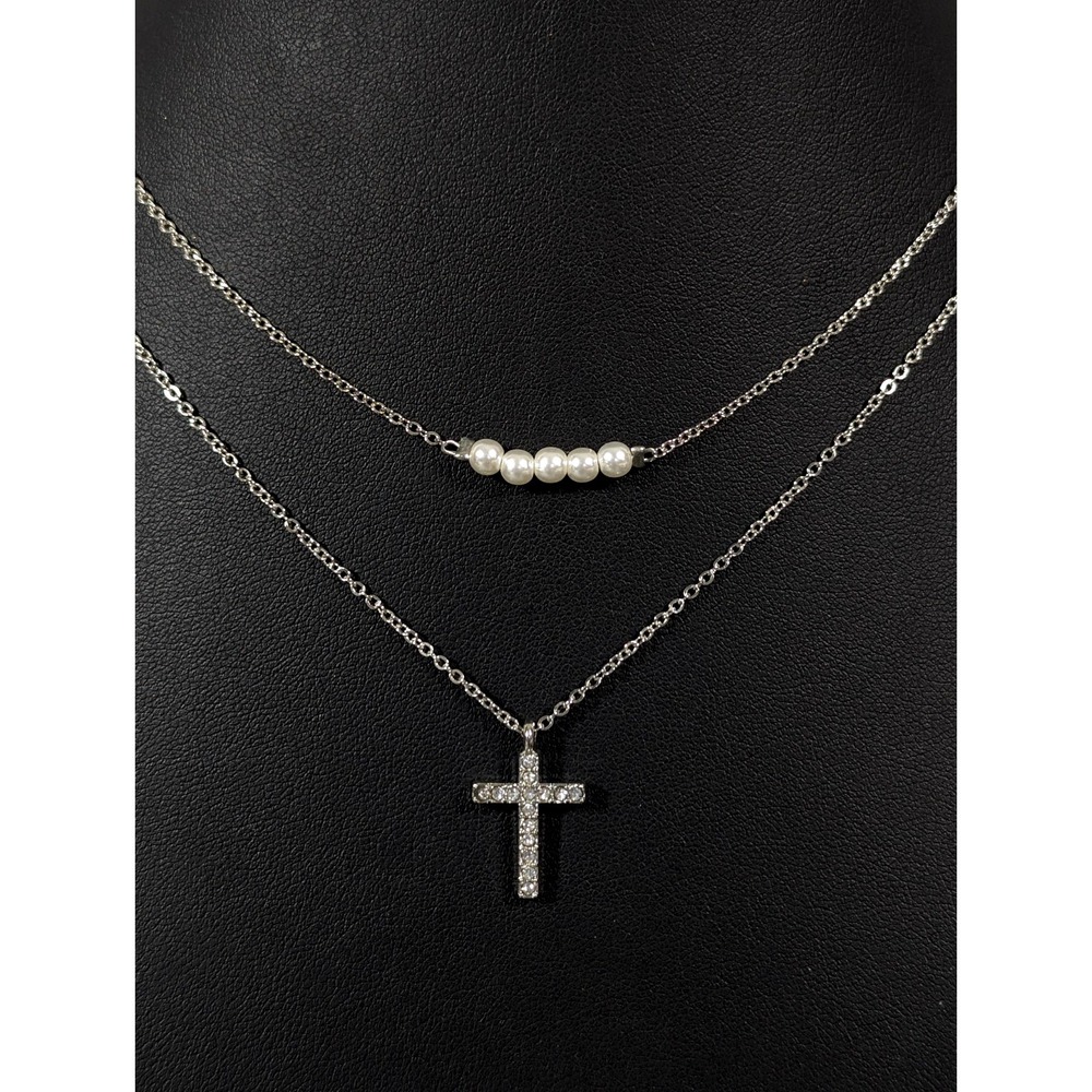 Set of 2 Silver Tone Cross Faux Pearl Necklaces for Layering Rhinestone 19 + 20"